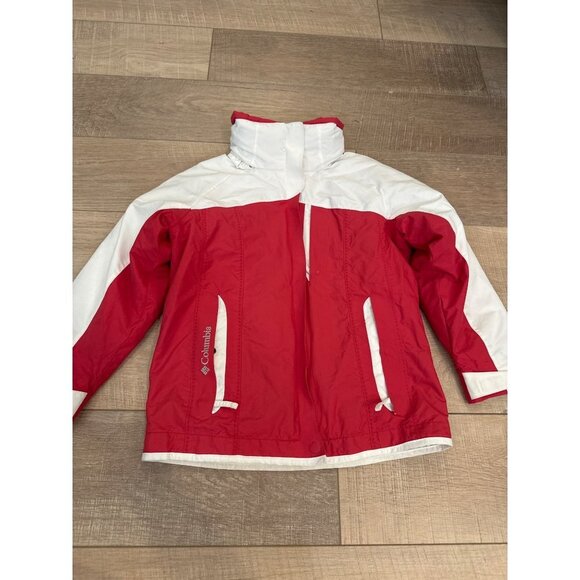 COLUMBIA GIRLS WHITE AND PINK SKI JACKET HOODED MEDIUM 7/8 - Picture 1 of 12